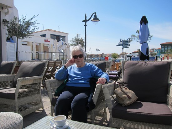 Mum enjoying a relaxing coffee at Limassol marina in some warm February sunshine