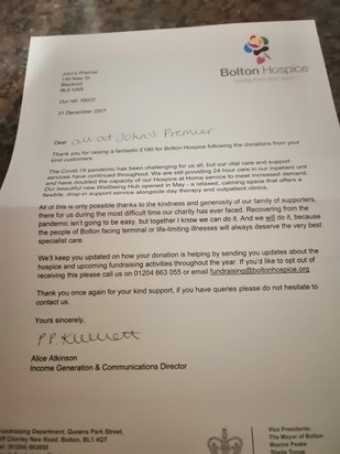 Letter to John's Premier as a thankyou 
