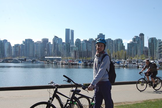 Not sure why Janos is wearing so many layers. On this day in Vancouver I got completely sunburned and couldnt wash my hands properly for days as the skin was so raw! We cycled around the entire city that day