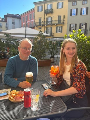 Dad and Izzy in Italy enjoying a pint