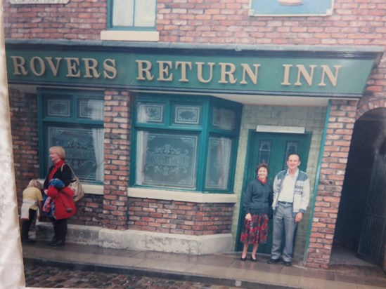 Diane and Eddie standing outside the Rovers Return on the Coronation Street Set 1996. Diane was a big fan of Coronation Street.