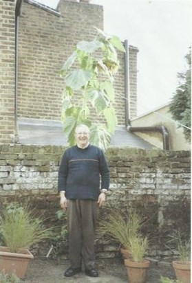 Peter in his garden with a sunflower