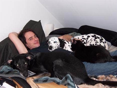 Greg with Penny, Merlin and Samhain