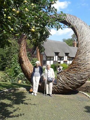 Pam and Joyce at Anne Hathaway's Cottage, Stratford