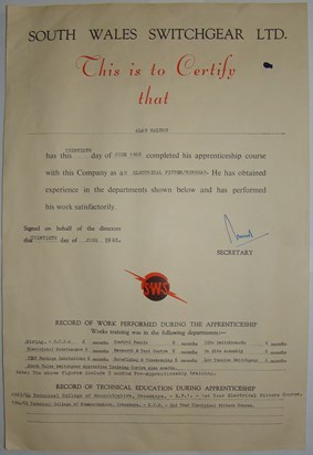 Dad's Apprenticeship Cert   June 1968  South Wales Switch Gear