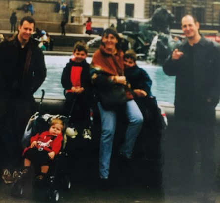 Trafalgar Square. Day out in London with brother-in-law Kevin and nephew Herbie (in buggy). 1998.
