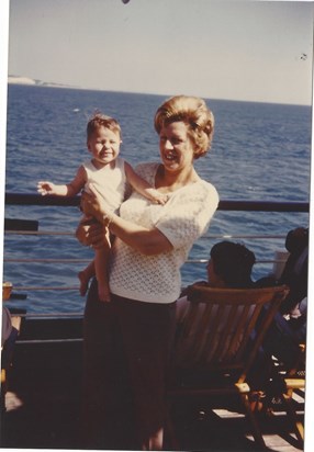 Mum with me 1967 - 1 year old on boat to Germany 