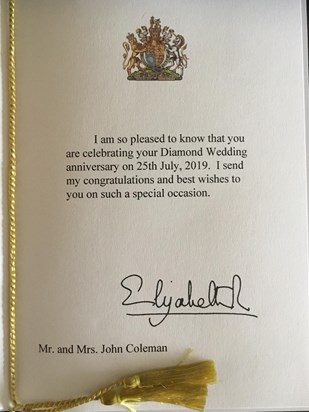 Diamond Wedding Anniversary congratulations from Queen Elizabeth II