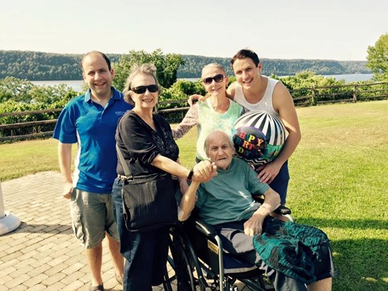 Marty on his 85th birthday with his sons, Shawn and Jared; his partner, Gloria, and his friend, Jan