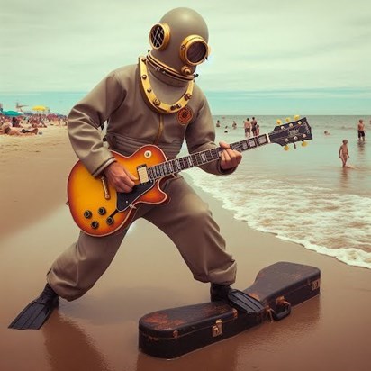 AI image created by Karl rocketman on beach with guitar 