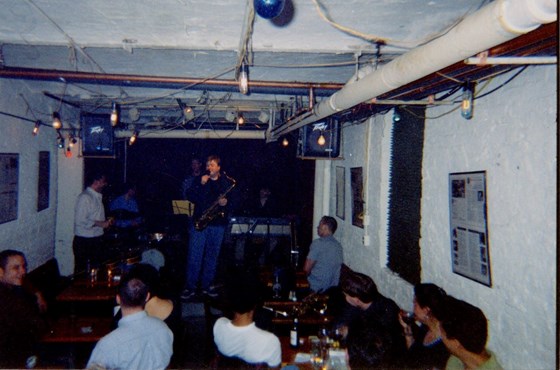 Karl Wenninger's Wake Up Call, Cornelia Street Café, April 6th, 2000 – Karl, Roland Schneider, Jim Whitney, Joel Frahm, Bennett Paster, Elliot Mason (seated)