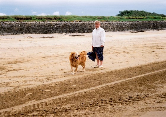 2002 - Val with Sam on the beach at Weston-Super-Mare