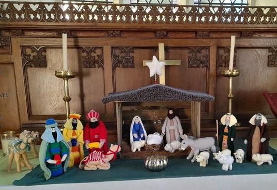 Val's nativity project, on display in St John the Baptist Church, Holywell, Christmas 2022. Val started this project before she became ill, the WI Knit and Natter group completed it on her behalf.