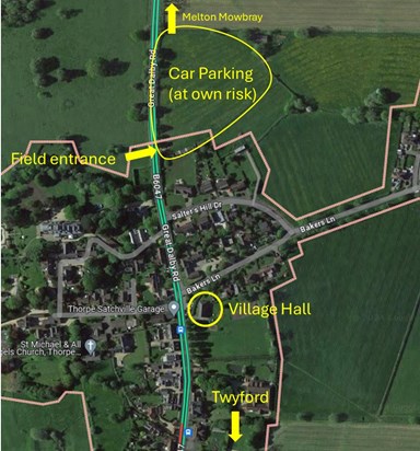 Car Park details for the wake at Thorpe Satchville village hall. Please park with courtesy to others, hopefully it will be a beautiful sunny day so you won’t get stuck’