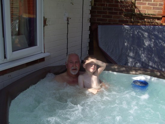 luke and his grandad in the hot tub