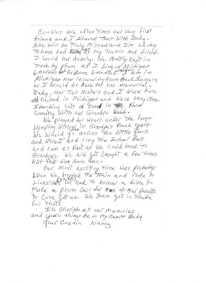 Cousin Nancy's letter for Mom's Memorial 5-1-2013