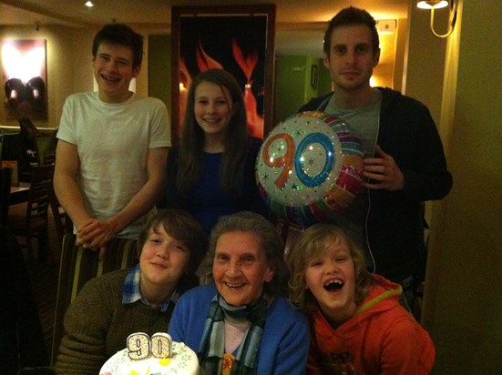 Happy 90th with the grandchildren, Joseph, Oliver, Katie, James and Hannah