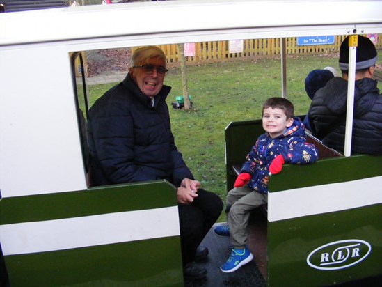 Geoff and Odhran having a ride on the Ruislip Lido Railway.