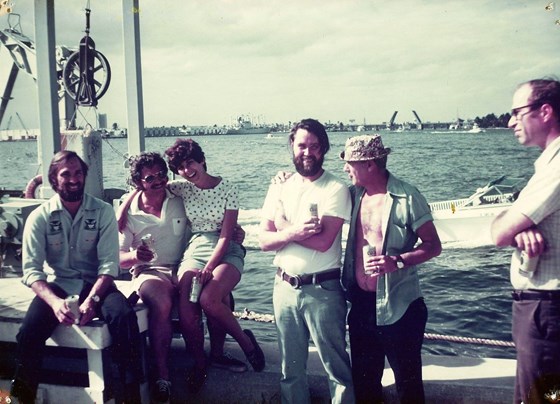 Hoppy on back deck of RV Daniel Harris at Port Everglades - end of first Thin Line Sea Test - 1976
