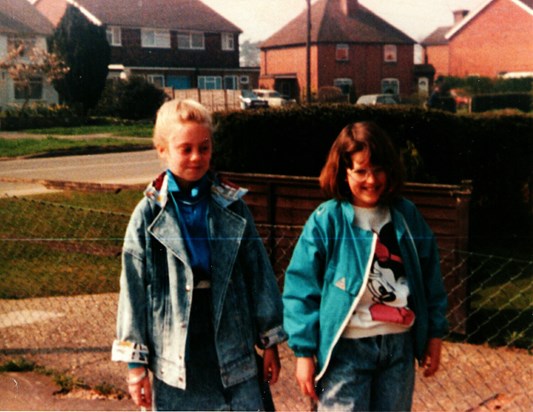 Kirsty Jimmison and Lorna outside Lorna's house, Elmbridge Road, looking very 80's!