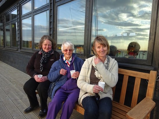 Angie, Shirley and Clare on Dad's memorial bench at Slaughden Sailing Club, 15th April 2017.