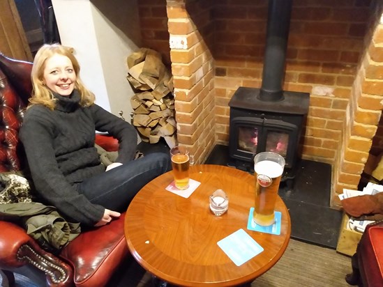 Winters drink by her favourite fire in the Red Lion, Manningtree.