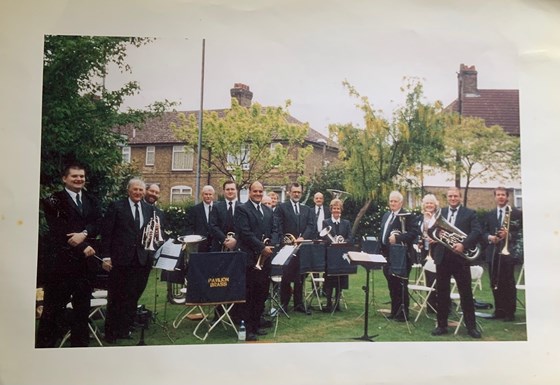 John with his Pavilion Brass band. John is 6th from the right