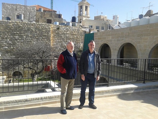 John & Mike in Courtyard overlooking the Church of the Nativity in Bethlehem