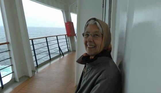 Margaret on board Queen Victoria - snapshot from John's "Mediterranean Cruise 2012" DVD 