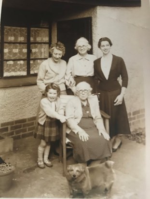 Joyce, Mary, (Margarets mum) ,Margaret,Janet, Blanche (Margarets g'mother) and Rikki the dog approx 1958