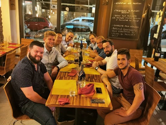 Michael, Jason, Sung, Daniele, Simone, David, Alex, Francesco expecting delicious dinner - Italy GL