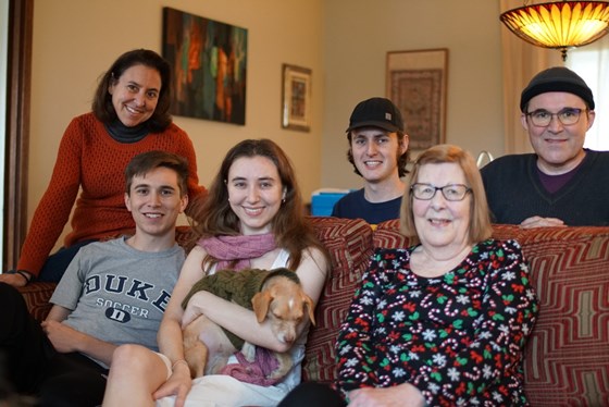 Celia with her son David's family-L to R Debra, Jonah, Evelyn, Tess (the dog), Max (Evelyn's partner), Celia, David