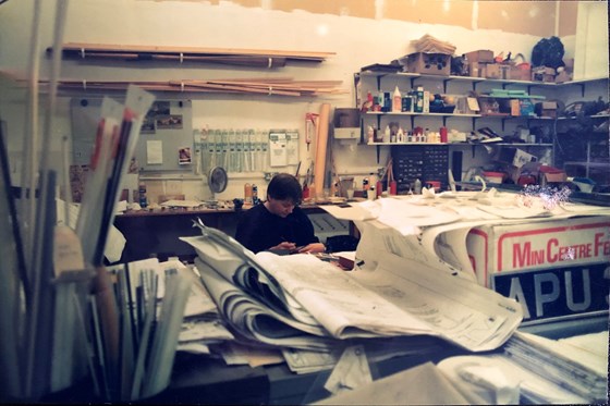 Phil’s workshop - Dyer Bros. Boatyard. A photo taken by Phil with me looking busy. Around 1995.