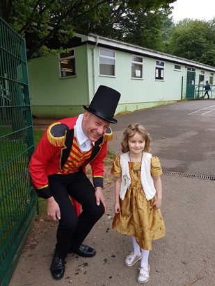 My granddaughter with Mr Burns on dress up day. Made up he was also dressed as character from Greatest Showman. Lovely man, great headmaster. X