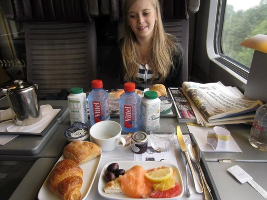 Helen on Eurostar to Bruge (via Brussles), her last holiday...