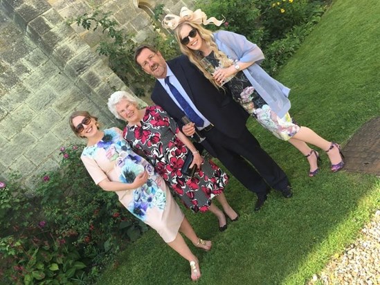 Nanna with Dad, Rachel (Henry on board) and Laura at Oliver & Caroline’s Wedding