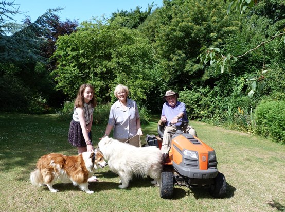 Philippa, Margaret and Jim (with Sam and Joe the dogs) in the garden at Sotts Hole