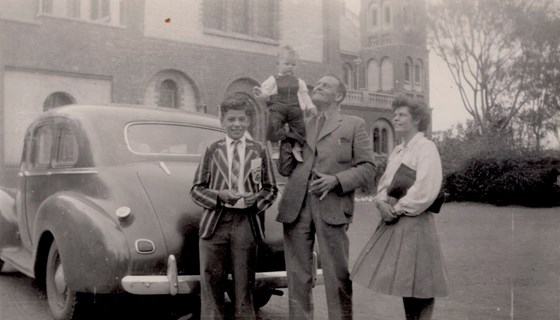 Oupa holding his grandson - baby Patrick, Francois in uniform and Suzanne, 1946, Catholic Church, Pietersburg