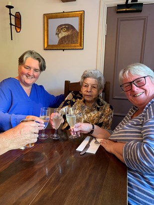 Sharing a glass of bubbles with Bernie and Sue, June 2019