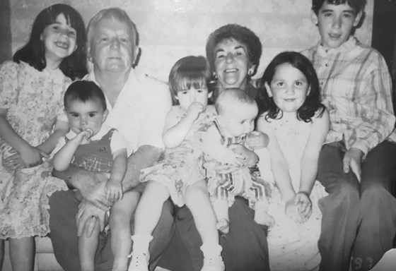 Margaret and John with 6 of their 10 grandchildren (around 1997)