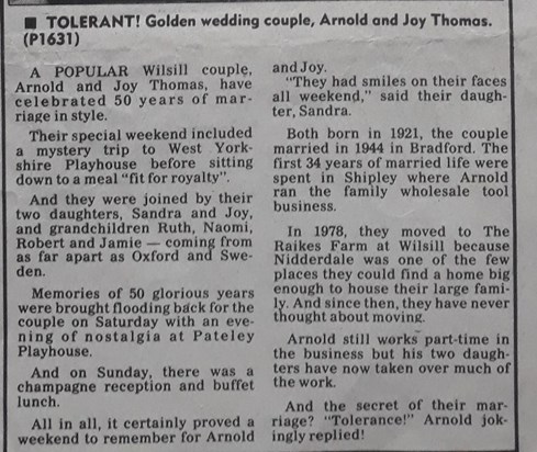 Golden Wedding newspaper article text