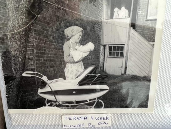 Mum in garden of Ellesmere Road our first home, Berkhamsted