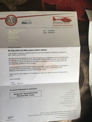 Letter of thanks for donations made to the air ambulance.