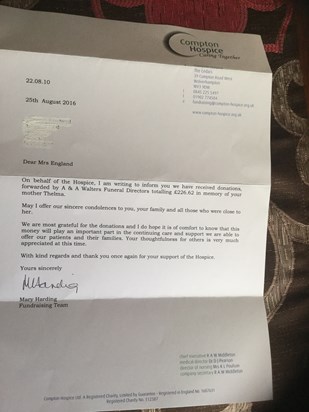 Letter of thanks from Compton Hospice.