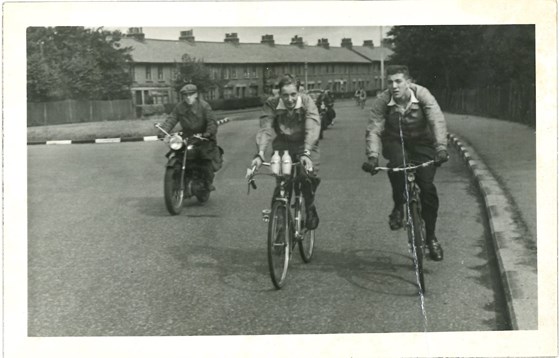 L to R - Pa (John's father) on his motorbike, Johnny Ingram, and John. Taken on a3 Kingston Bypass around 1949/50. john has written on the back 'I built my own bike for 30 shillings'