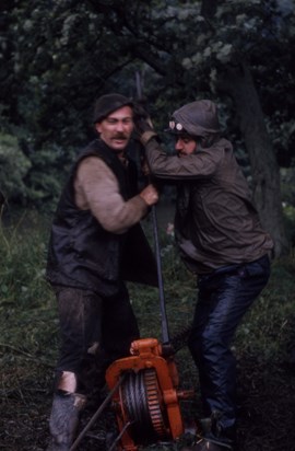 John in action on a trewhella monkey winch Howsham Lock, Yorkshire Derwent 1973