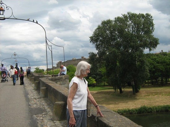Peggy on the old bridge with La Cite, Carcassonne in the background, 2010