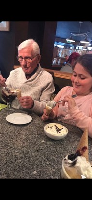 Tallulah and pirate pop enjoying their ice cream at the harvester