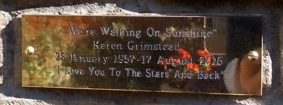 Karen's plaque on the wall in the Garden of Remembrance