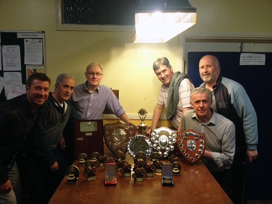 Andy with his table tennis crew and good friends Steve King and Steve Keighley showing off their trophies